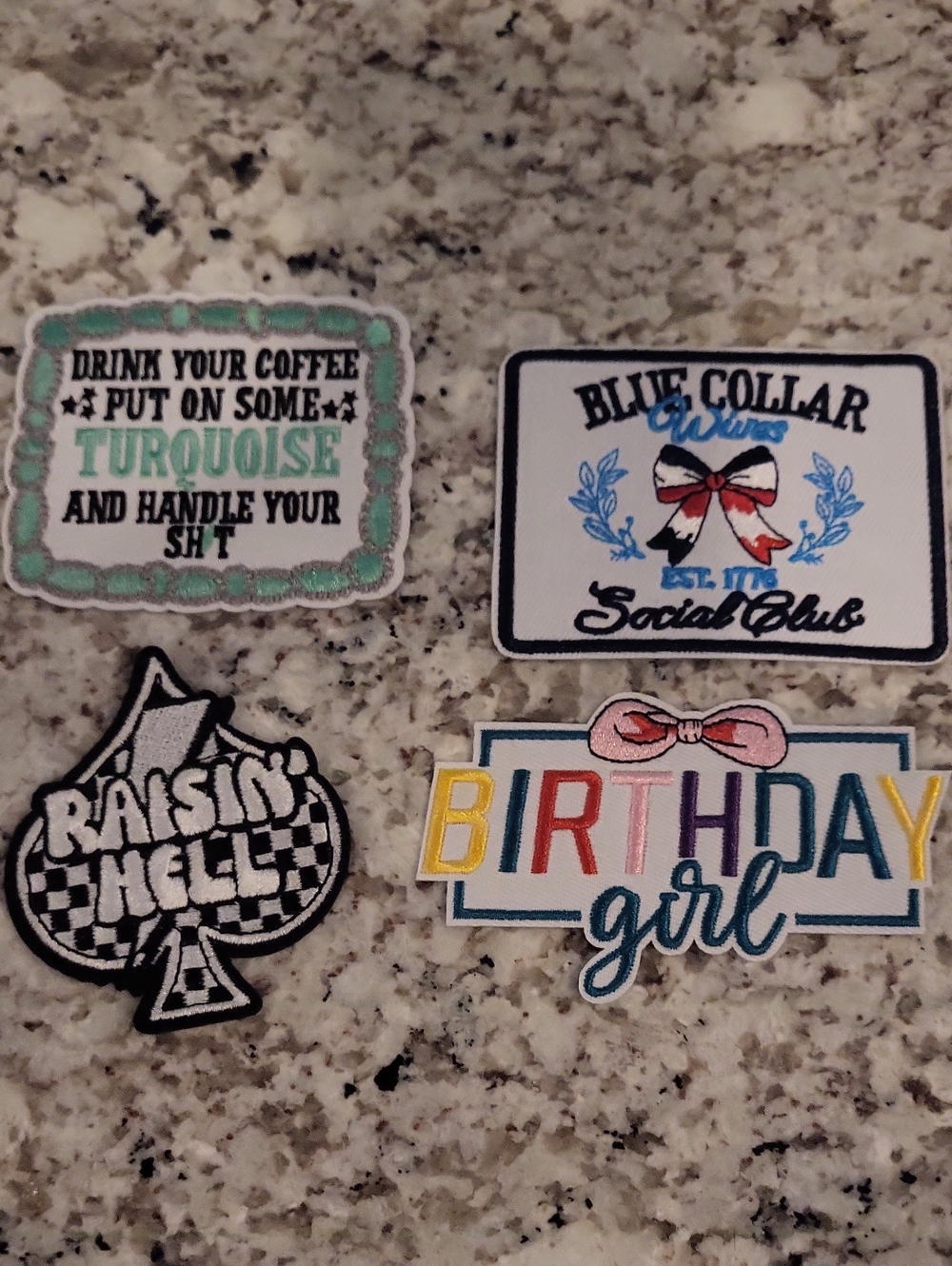 Set of 4 Embroidered Iron-On Patches - Turquoise, Blue, Black, Multicolor